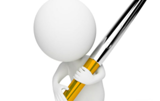 3d small people writes the pen. 3d image. Isolated white background.
